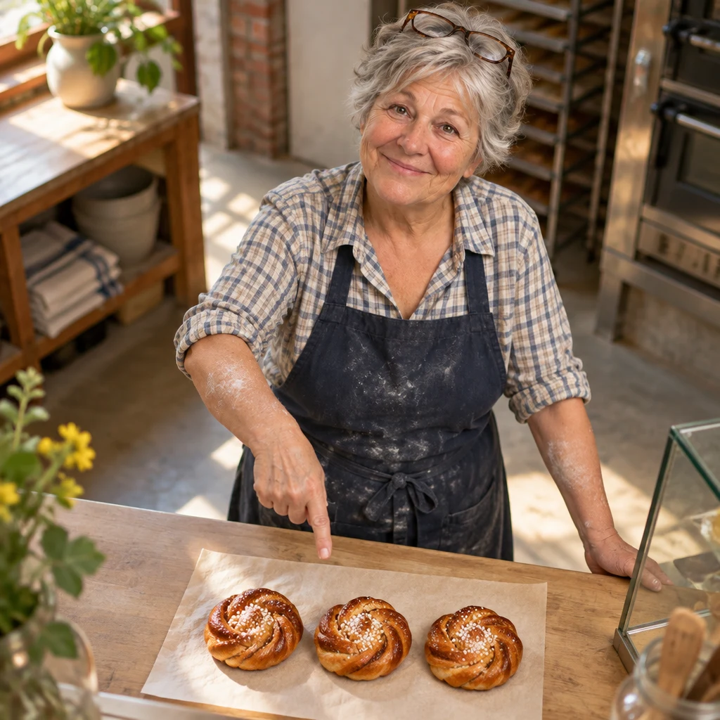 Renate points to a group of three pastries on the counter.