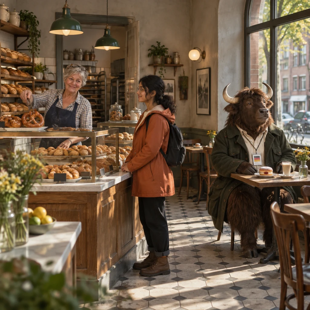Priya stands at the bakery counter as Renate holds tongs over the pretzels and rolls, while Anton sits at a corner table with a jam doughnut and untouched Milchkaffee.