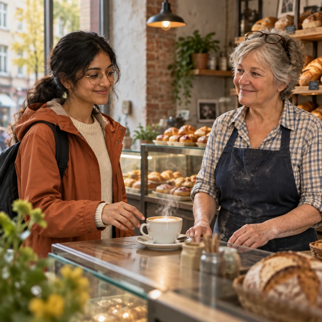 Priya gestures toward a steaming Milchkaffee on the counter while Renate attends to her from behind the counter.
