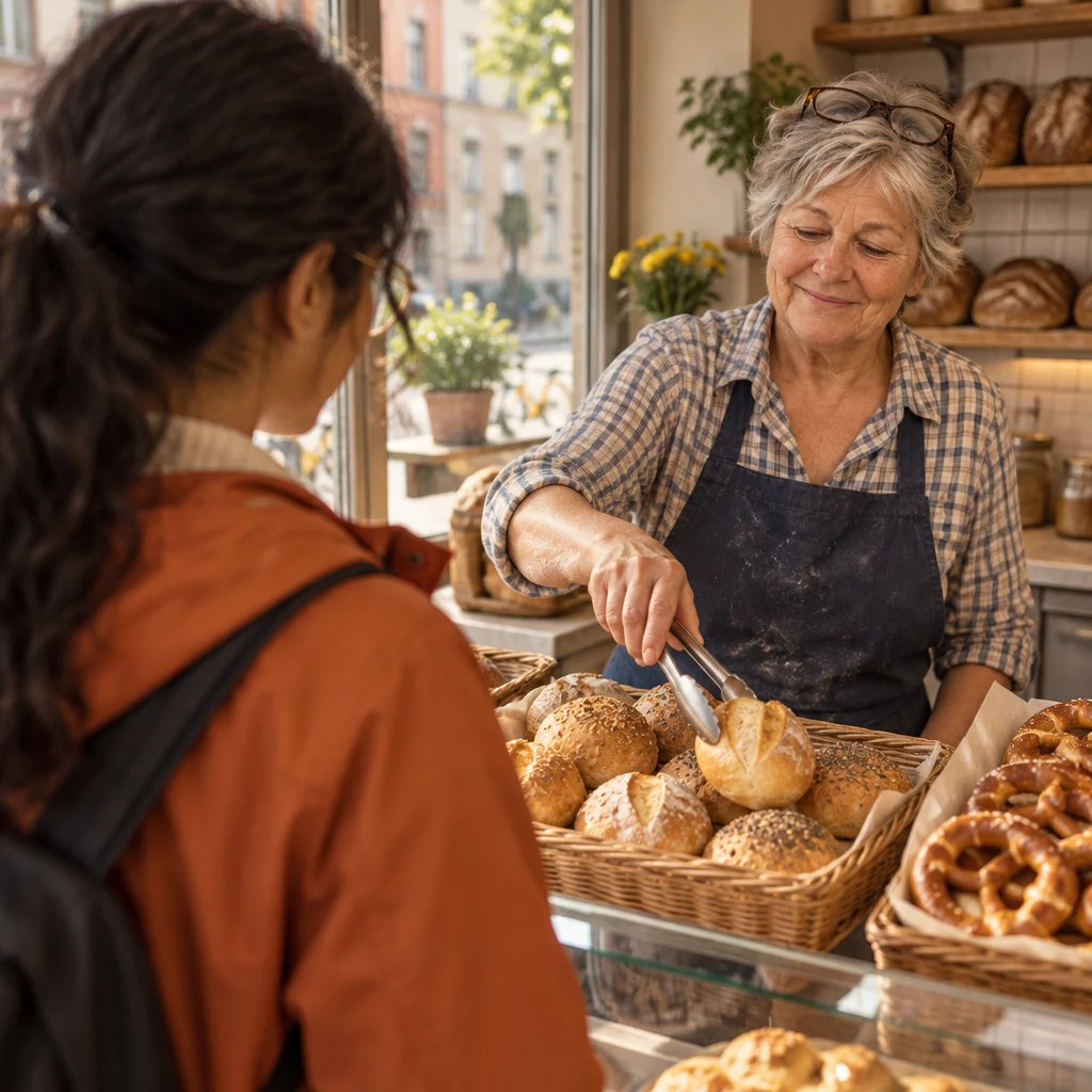 From behind Priya, Renate reaches with the tongs toward a basket of bread rolls.