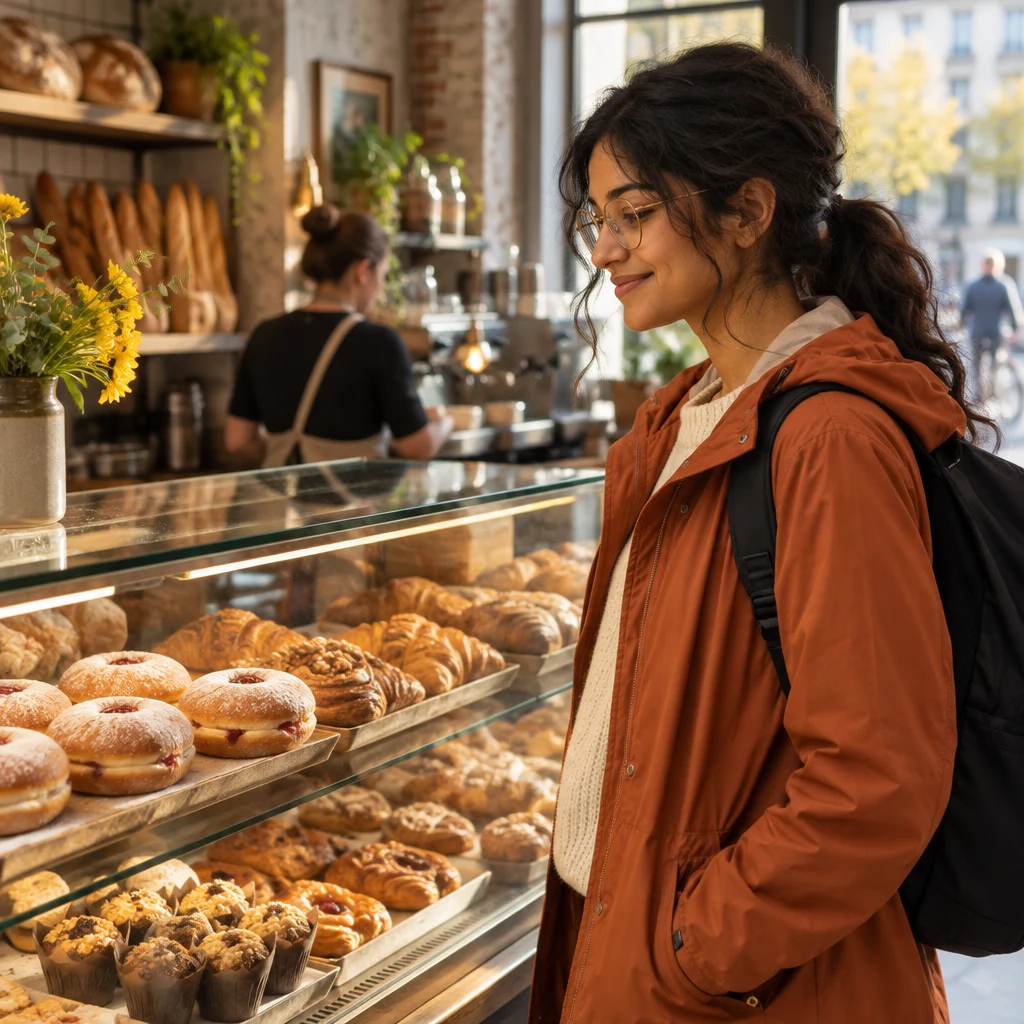 Priya looks toward jam doughnuts displayed behind the glass pastry case.