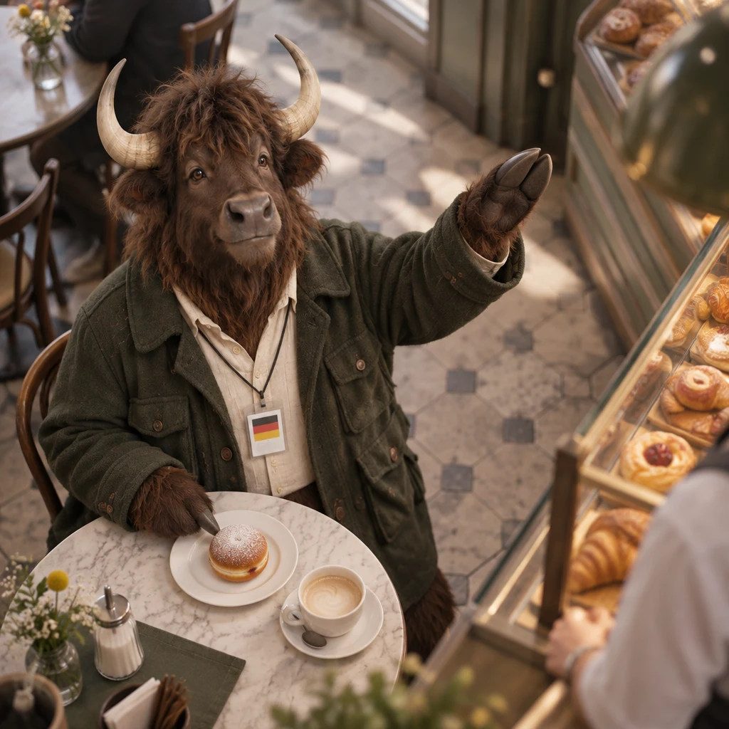 Anton taps the plate with his jam doughnut and raises an arm toward the counter, while his Milchkaffee remains untouched.