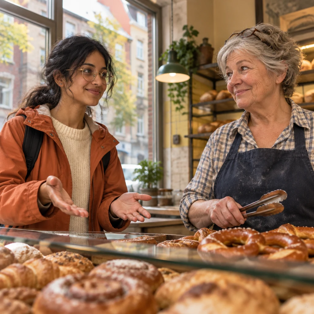 Priya holds her palms open toward the pretzels as Renate listens from behind the counter.