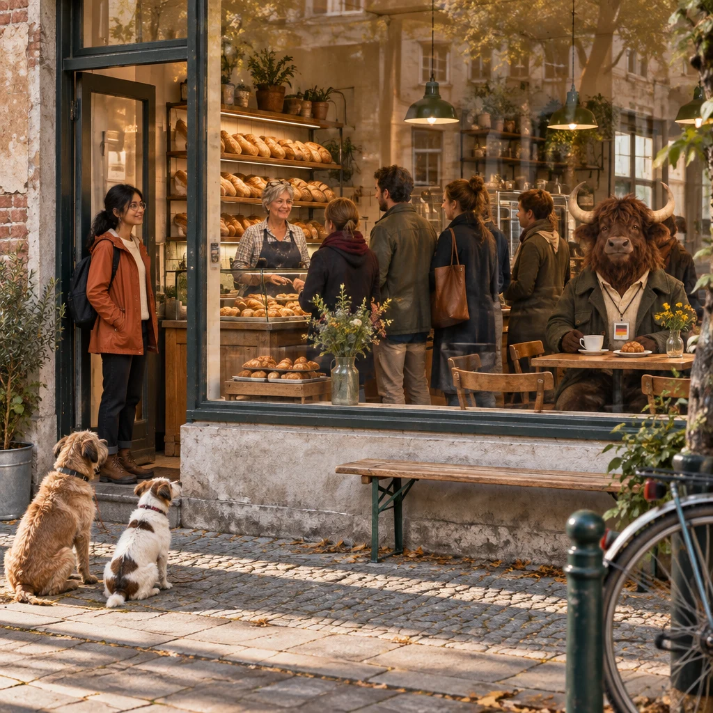The slow morning queue fills Bäckerei Krause as Priya stands by the door, Renate waits at the counter, Anton sits at his table, and two dogs wait outside.