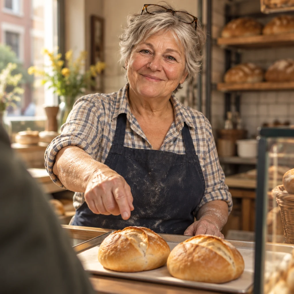 Renate points toward two rolls on a tray at the counter.