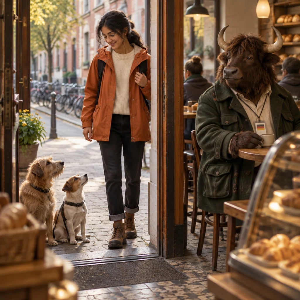 Priya looks down at two dogs waiting outside while Anton turns toward them from his table.