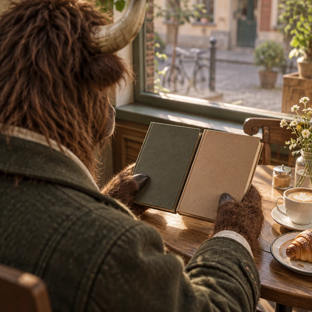 Anton holds two closed books side by side at the corner table.