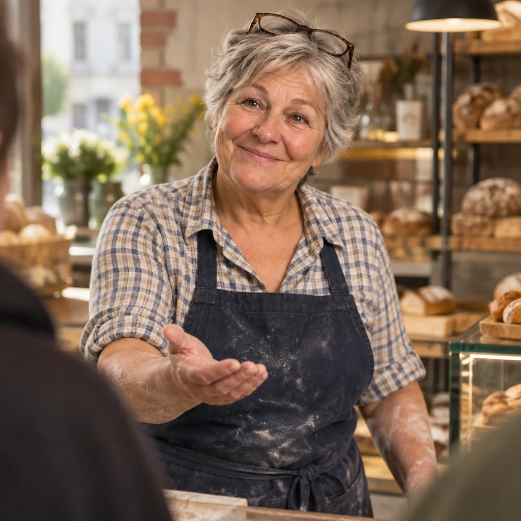 Renate turns toward the queue with an open hand in a questioning gesture.
