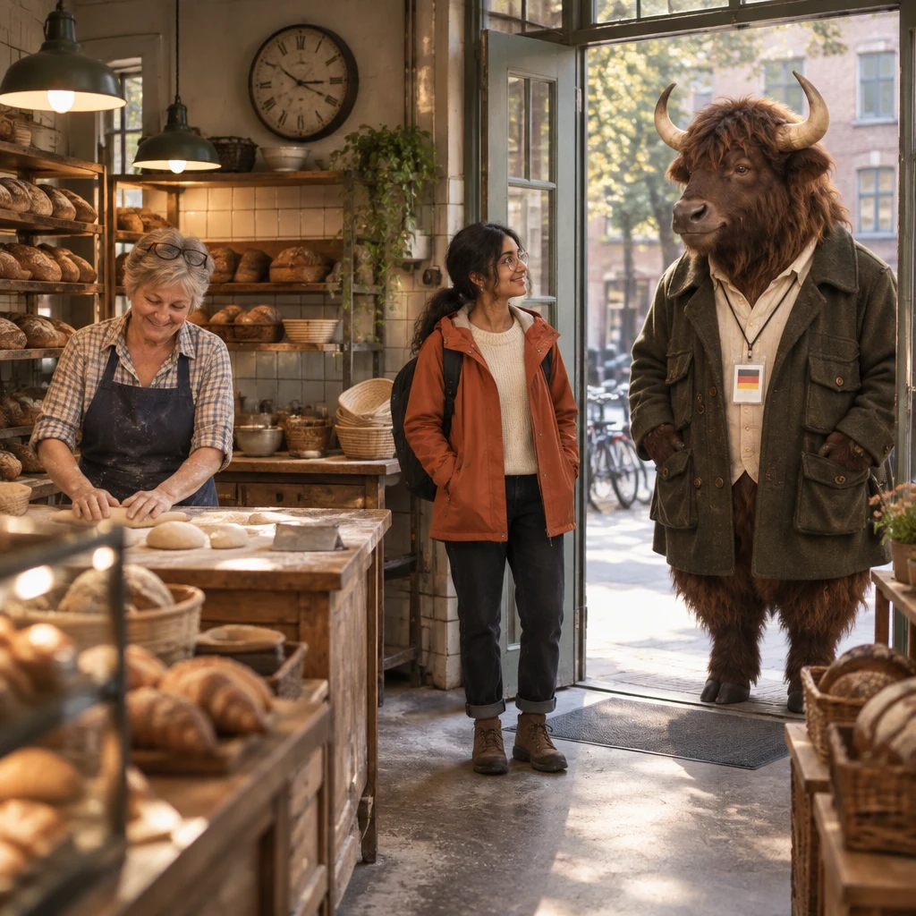 Renate rolls dough as Priya stands inside and Anton arrives in the open bakery doorway.