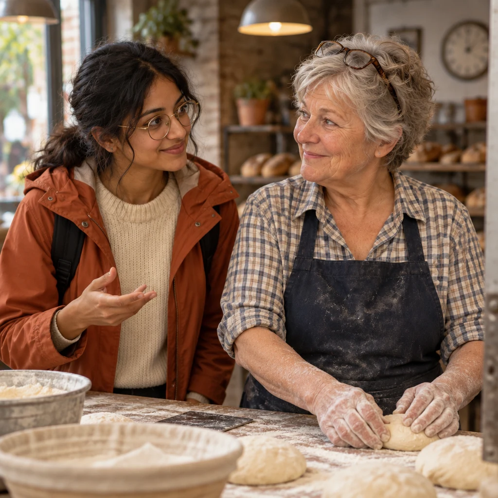 Priya turns from the clock to Renate and repeats the time.