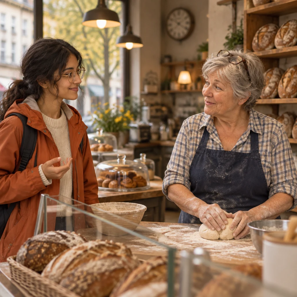 Priya asks Renate the time, and Renate answers from the counter.