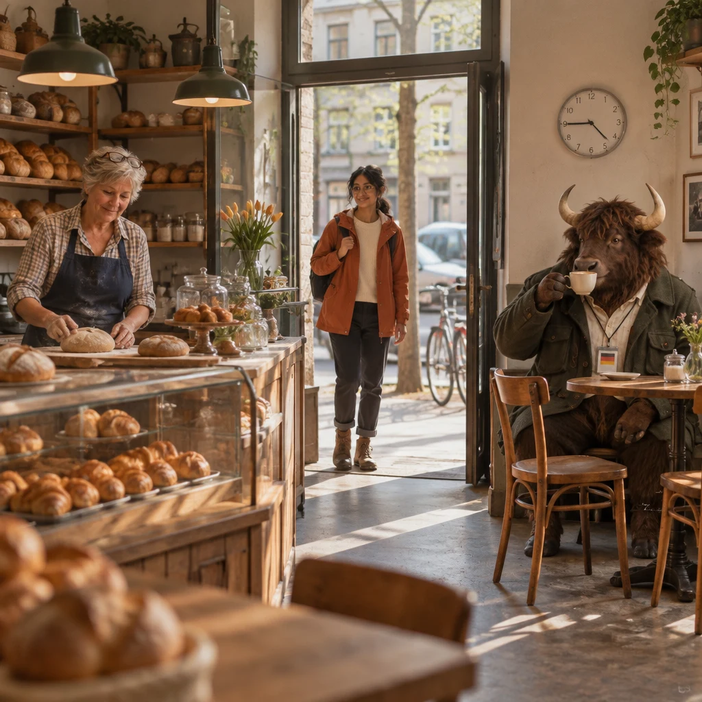 Priya steps into the weekday-morning bakery as Renate works at the counter and Anton waits at the corner table with a full coffee.