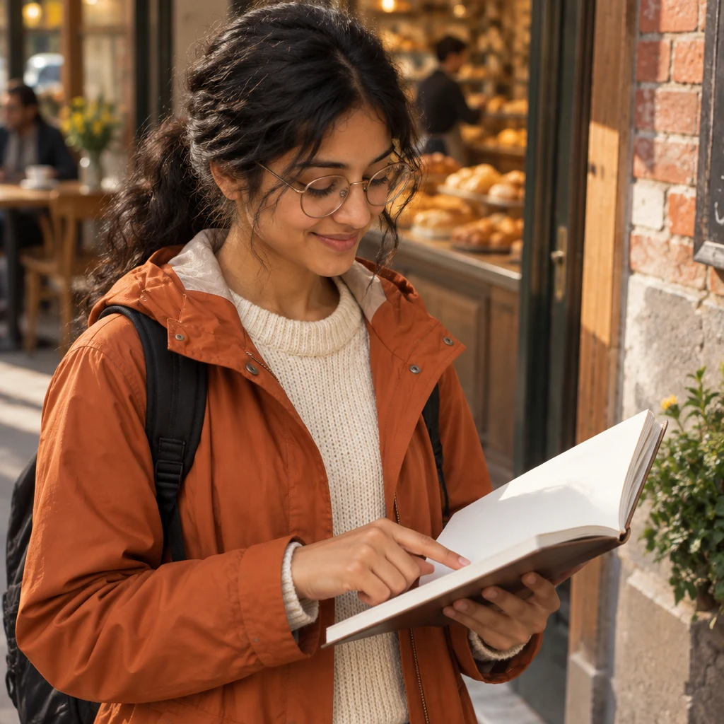 Priya follows the example days in her class notes just inside the bakery.