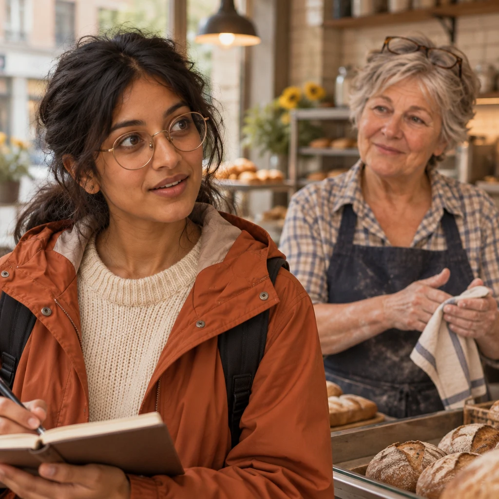 Priya reacts as Renate gently corrects the day from behind the counter.