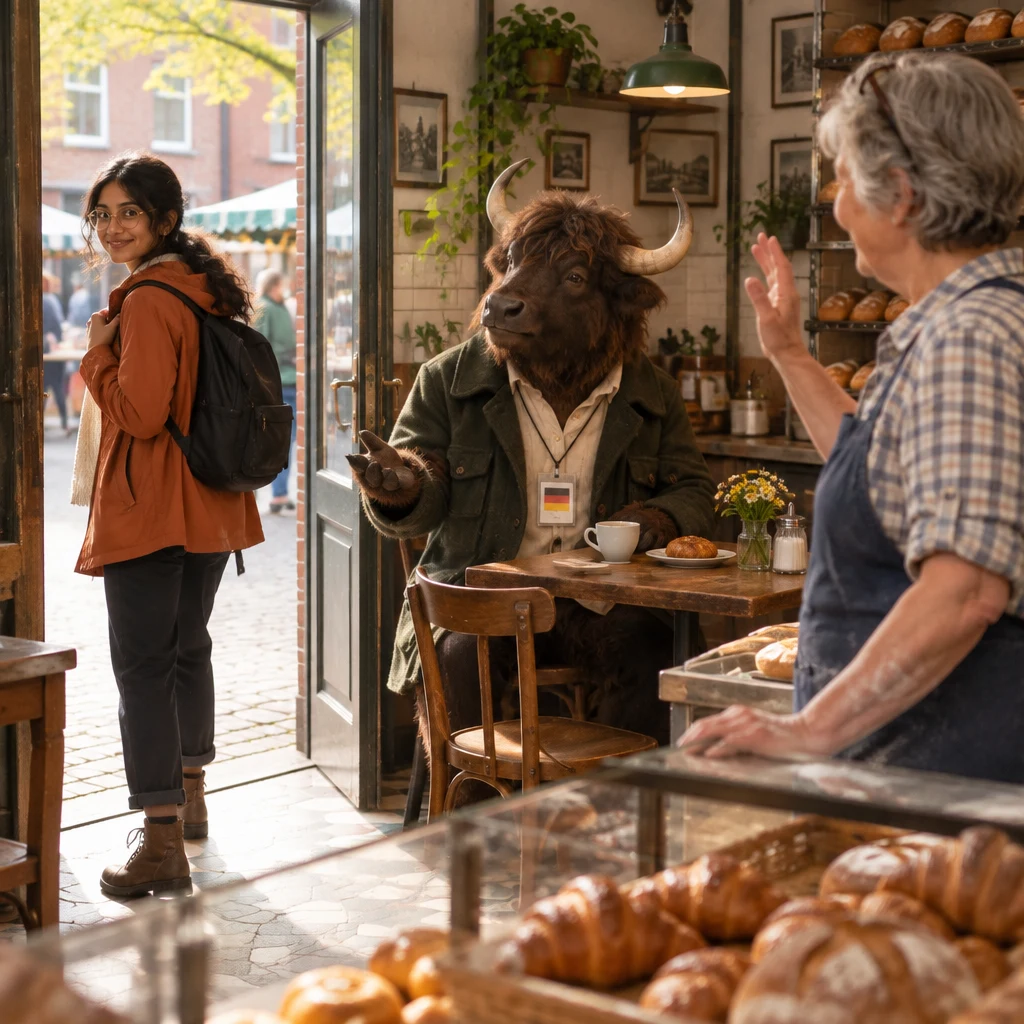 Priya heads for the door after telling Anton when she is free, while Renate offers a cheerful farewell.
