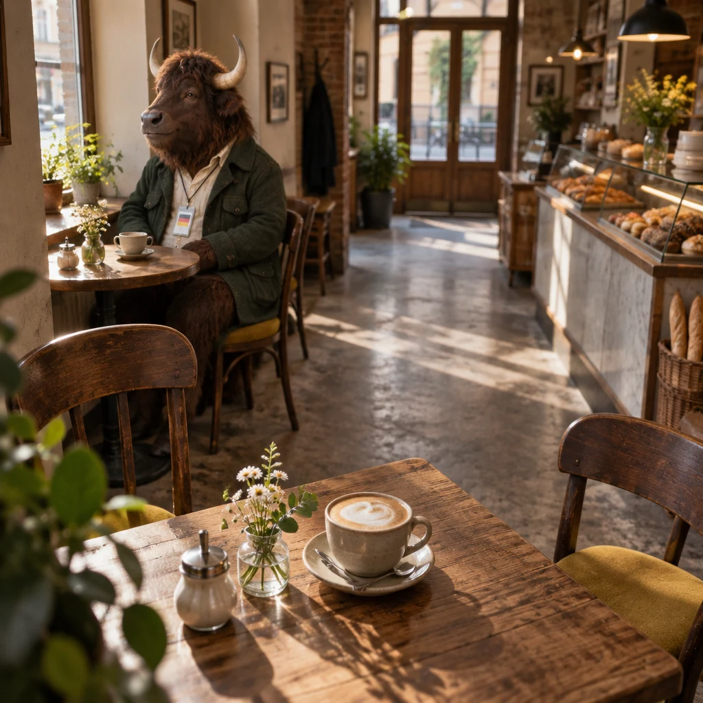 Anton remains at the corner table with his coffee still full after Priya has left.
