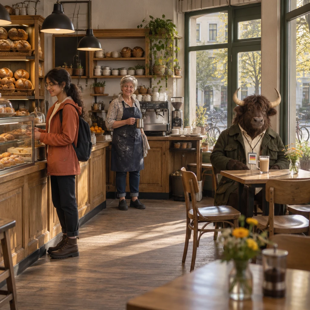 Priya stands at the counter while Renate works by the coffee machine and Anton sits beside his untouched Milchkaffee.