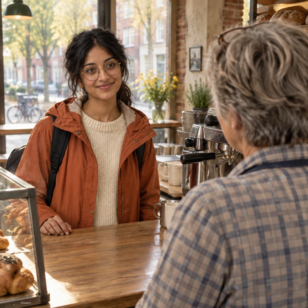 Priya turns toward Renate at the counter to order a coffee with milk.