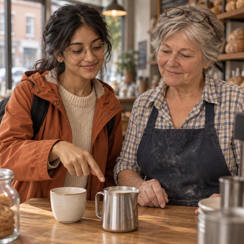 Priya points to a small pitcher of oat milk on the counter as Renate attends to her request.