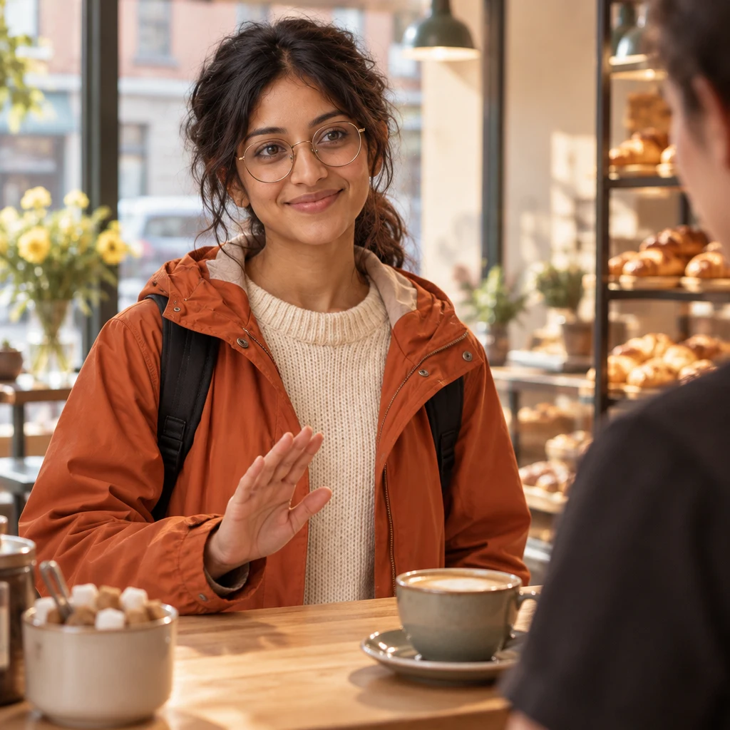 Priya makes a gentle no-sugar gesture beside the sugar bowl.