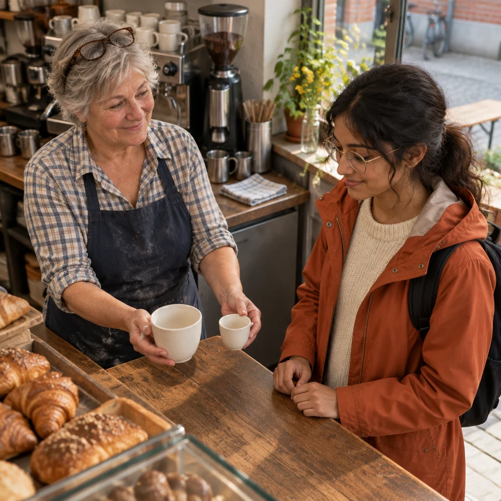 Renate offers Priya a choice between two cups of different sizes.