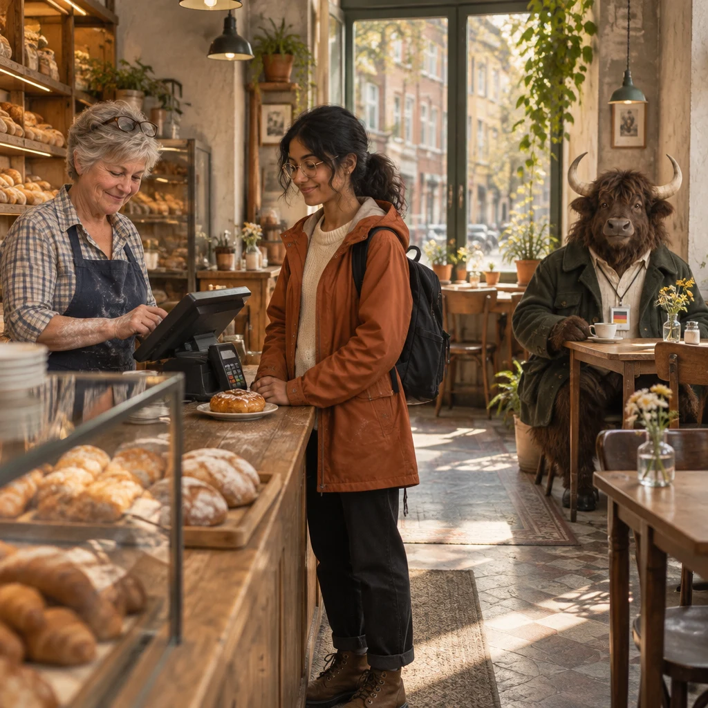 Priya waits at the counter with her order while Renate has the till open and Anton sits at the corner table.