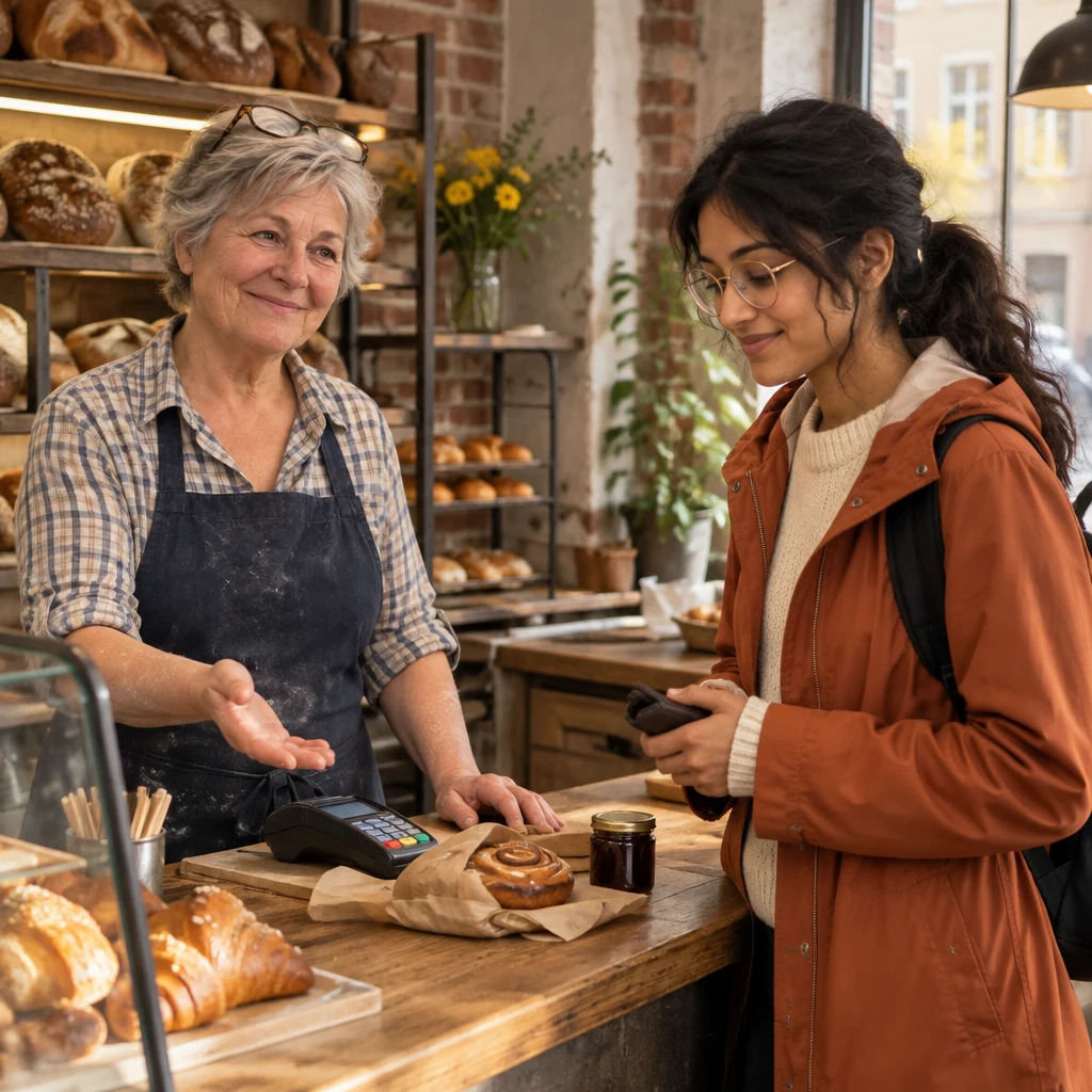 Renate gestures between the open till and card machine as Priya considers how to pay.