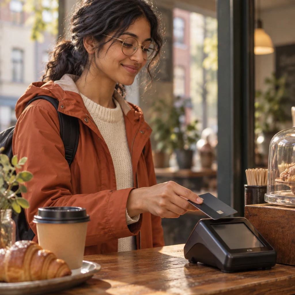 Priya reaches toward the card machine beside her order.