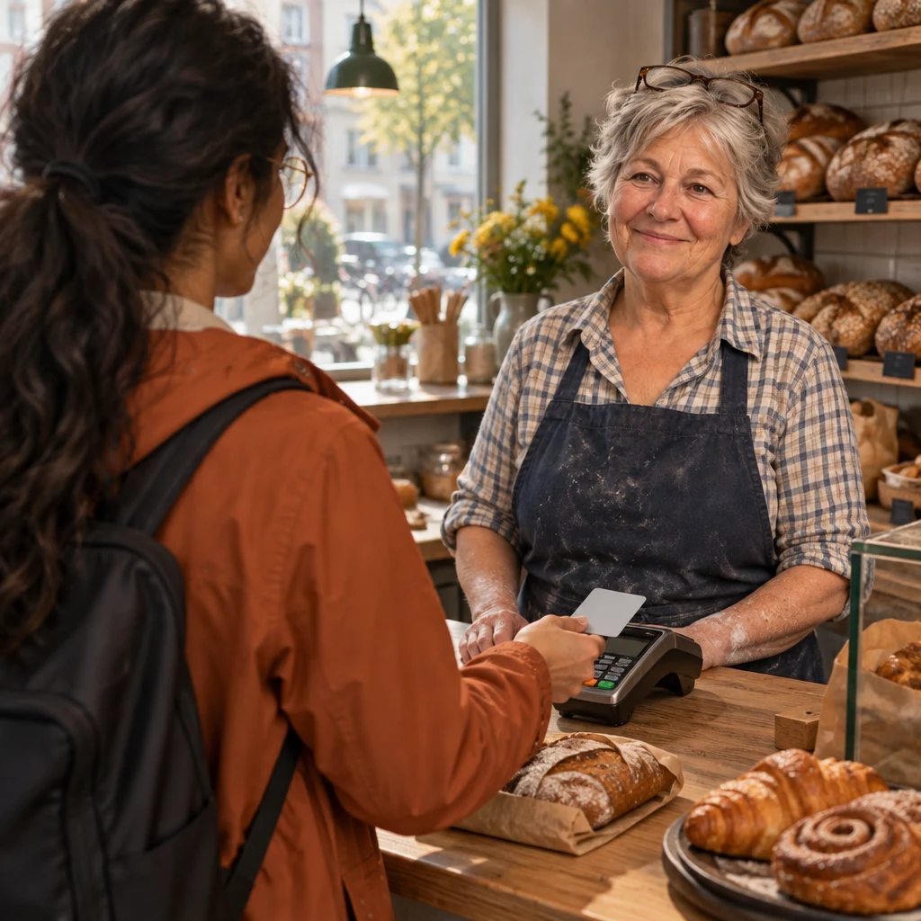 Priya holds her card toward the ready terminal while Renate waits behind the till.