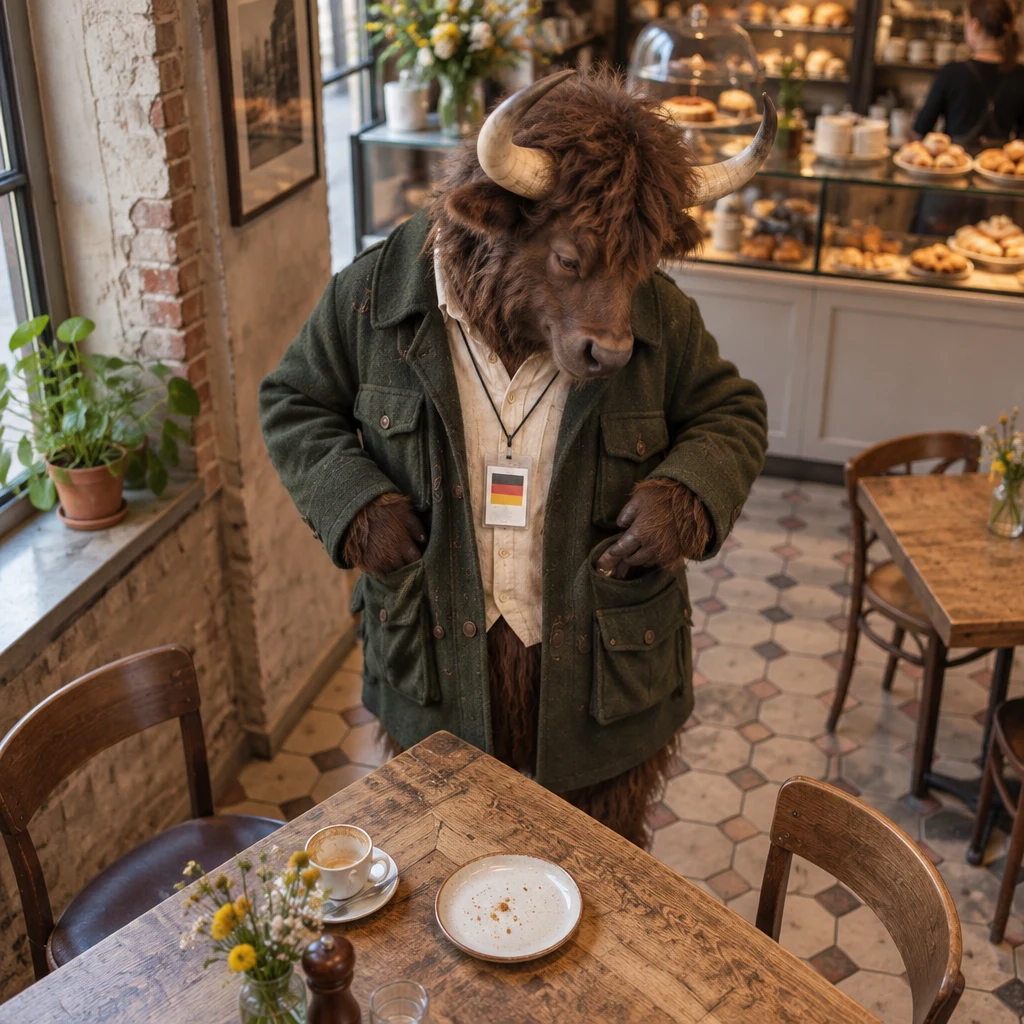 Anton stands beside the corner table and searches his pockets for coins.