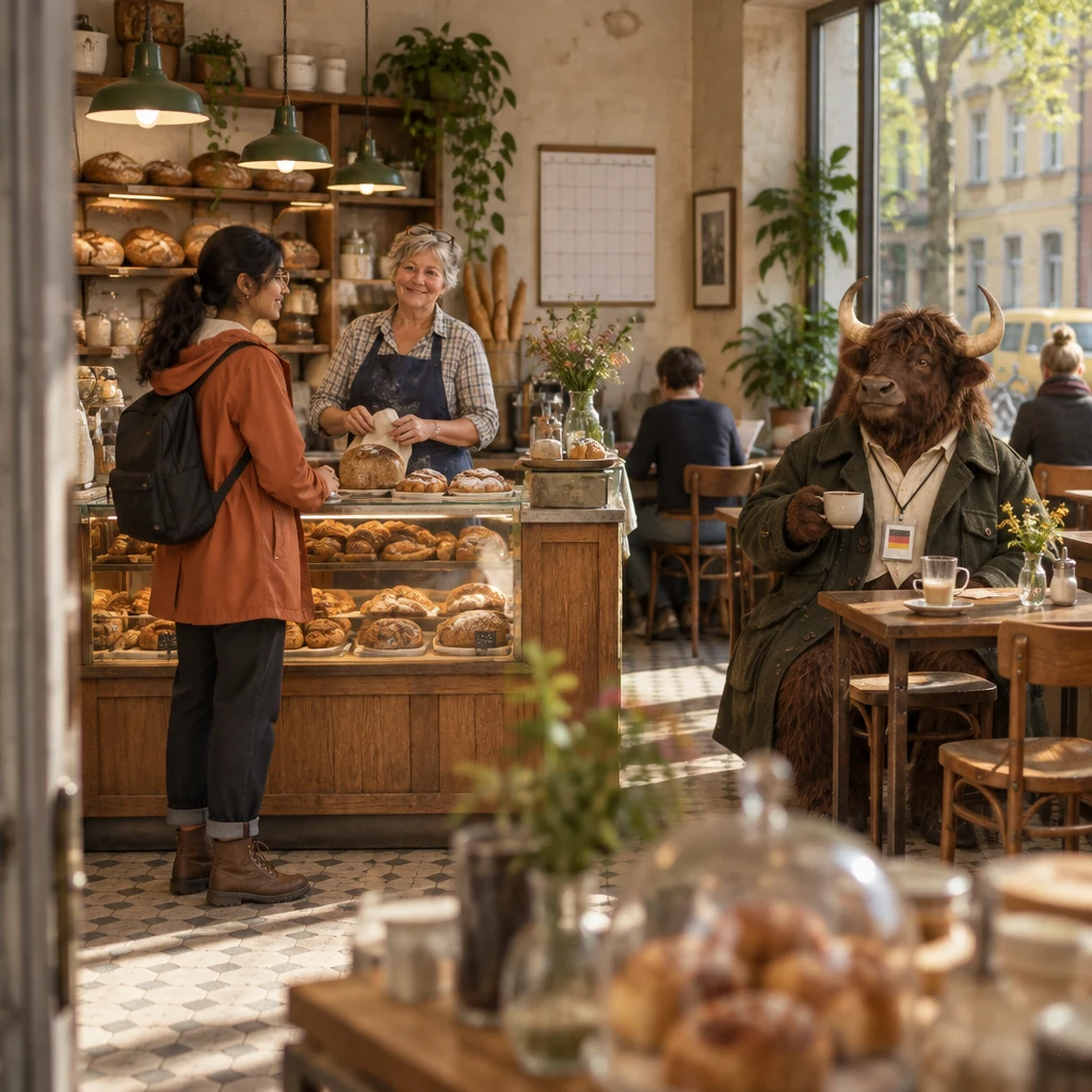 Priya stands at the counter while Renate glances toward a wall calendar and Anton sits at the corner table with his unfinished Milchkaffee.