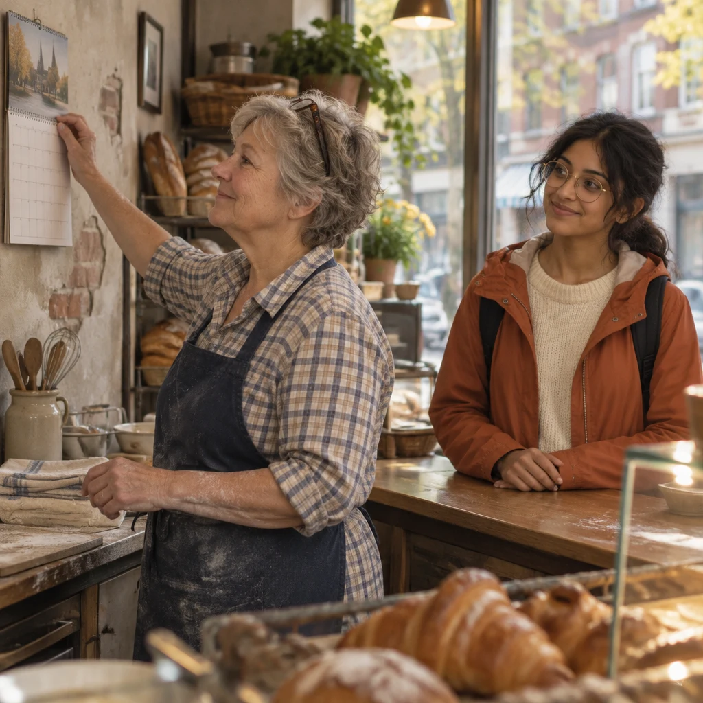 Renate turns in profile to check the calendar as Priya waits at the counter.