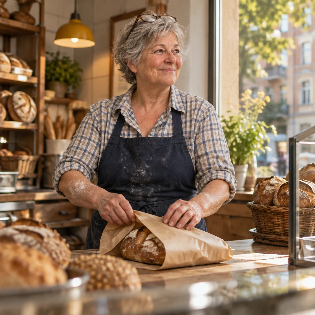 Renate wraps a loaf at the window-side end of the counter, turned away from the calendar.