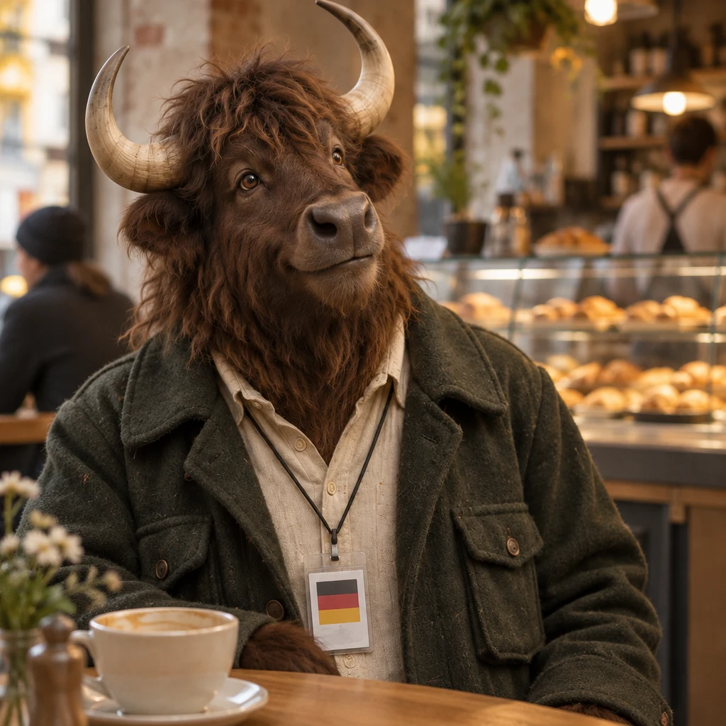 Anton looks up from his unfinished Milchkaffee toward the counter.