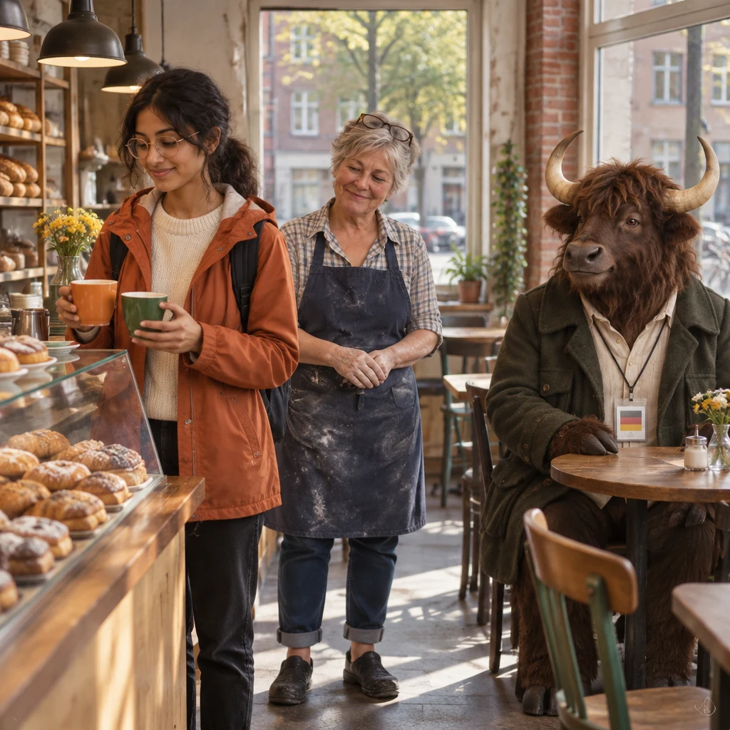 Priya holds two cups at the bakery counter as Renate waits and Anton watches from the corner table.