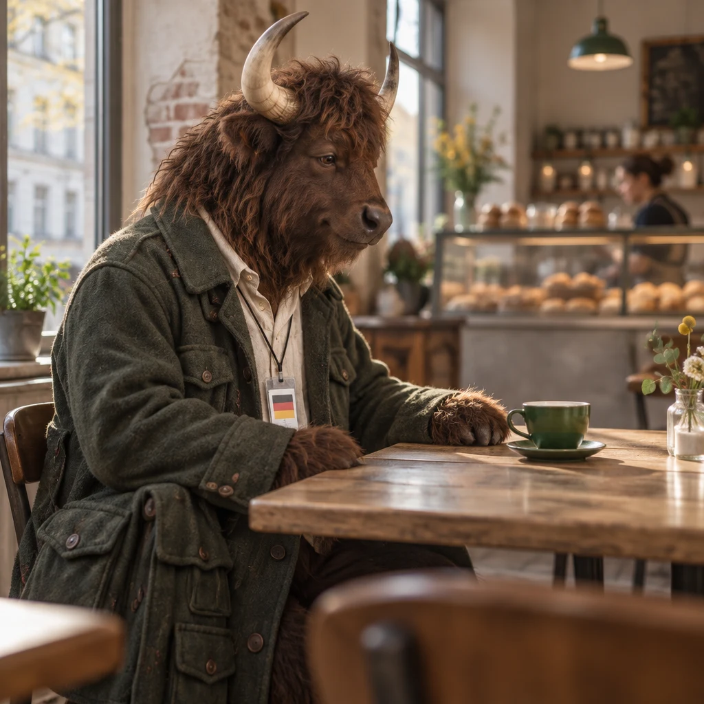 Anton looks from his green coat toward the green cup at the corner table.