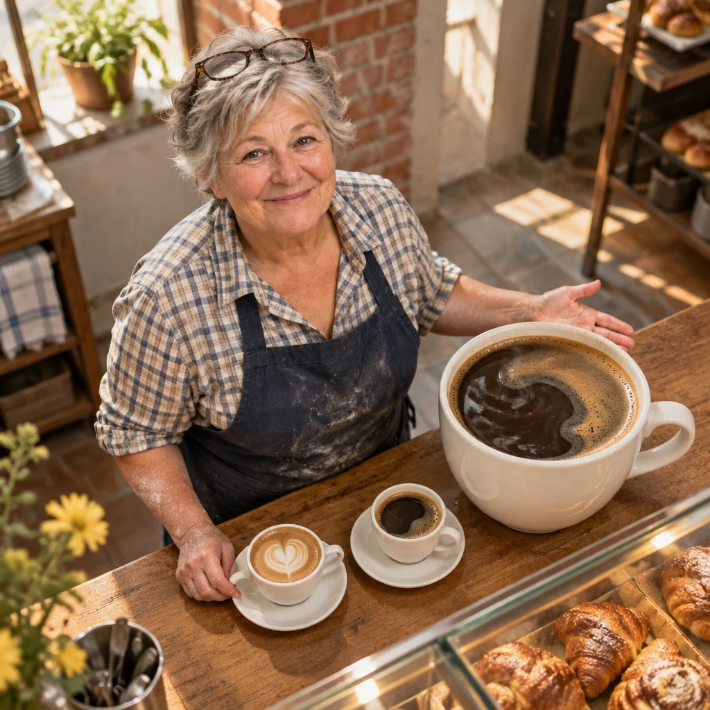 Renate gestures toward a huge cup on the counter to show that it is too big.