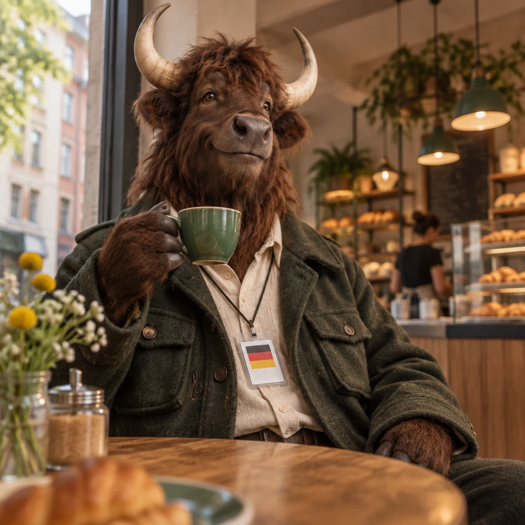 Anton sits comfortably with the green cup at the corner table.