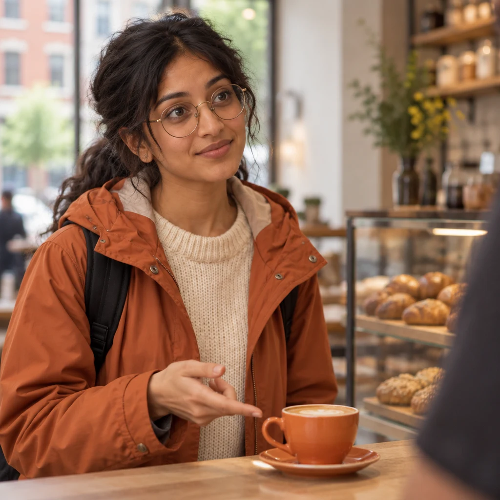 Priya looks toward the clerk while gesturing toward the orange cup.