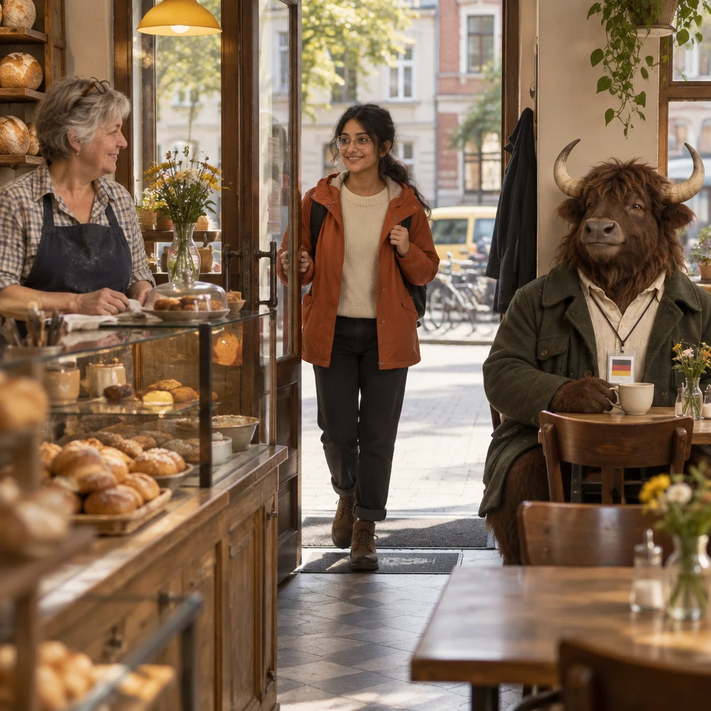Priya pushes the bakery door open as Renate stands at the counter and Anton sits at the corner table.