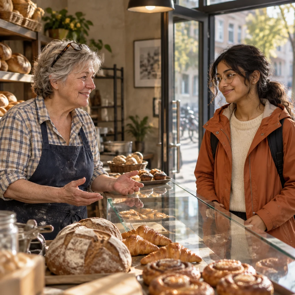 Renate greets Priya at the counter with a warm, open gesture.