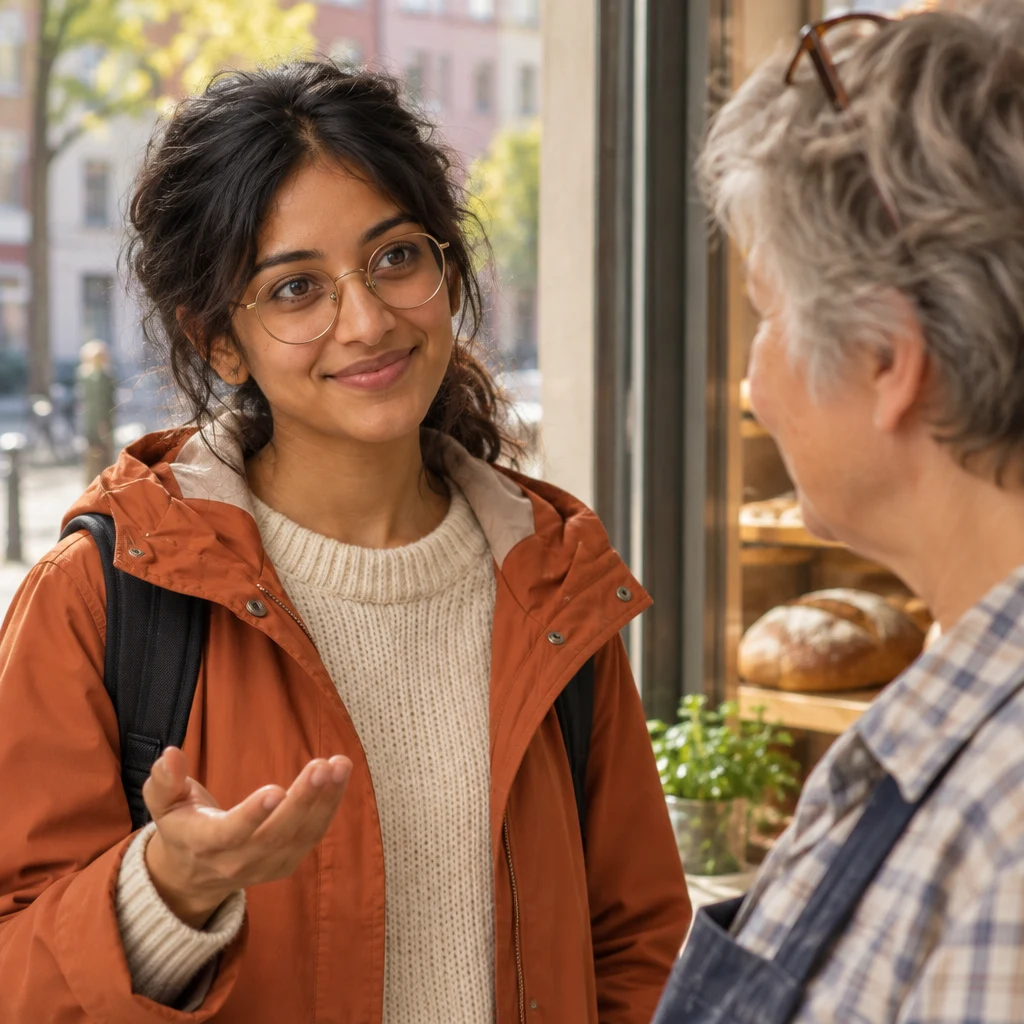 Priya looks toward Renate with an inquisitive expression and a small raised-hand gesture.