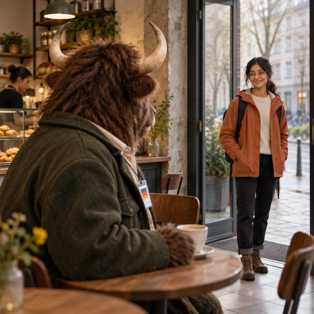 Anton looks toward Priya by the door while the pavement outside remains dry.