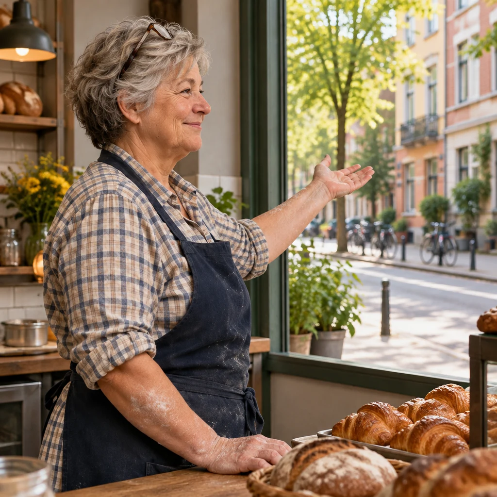 Renate gestures toward the bright, dry street from beside the counter.