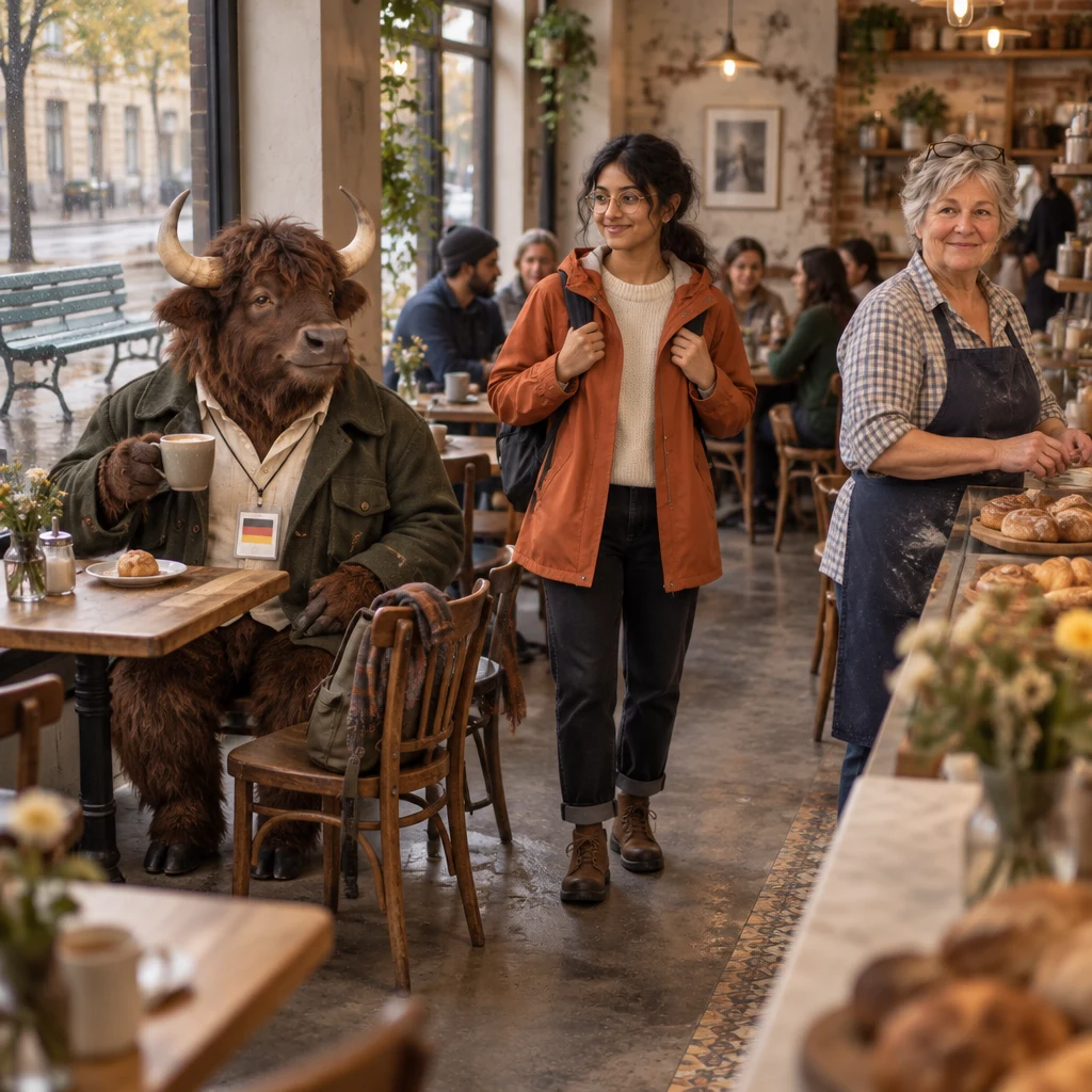 A crowded bakery with Anton at the corner table, Priya waiting in the aisle, and Renate at the counter.