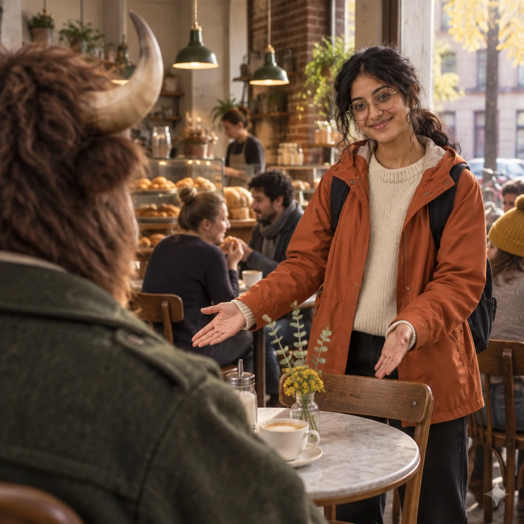 Priya faces Anton across the corner table with both hands open toward the chairs.