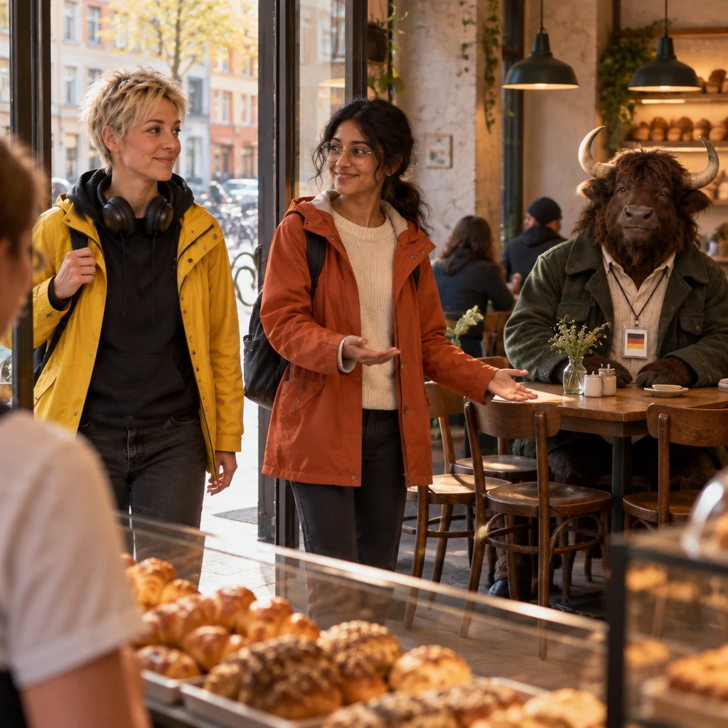 Jule arrives through the bakery doorway as Priya welcomes her beside the corner table.