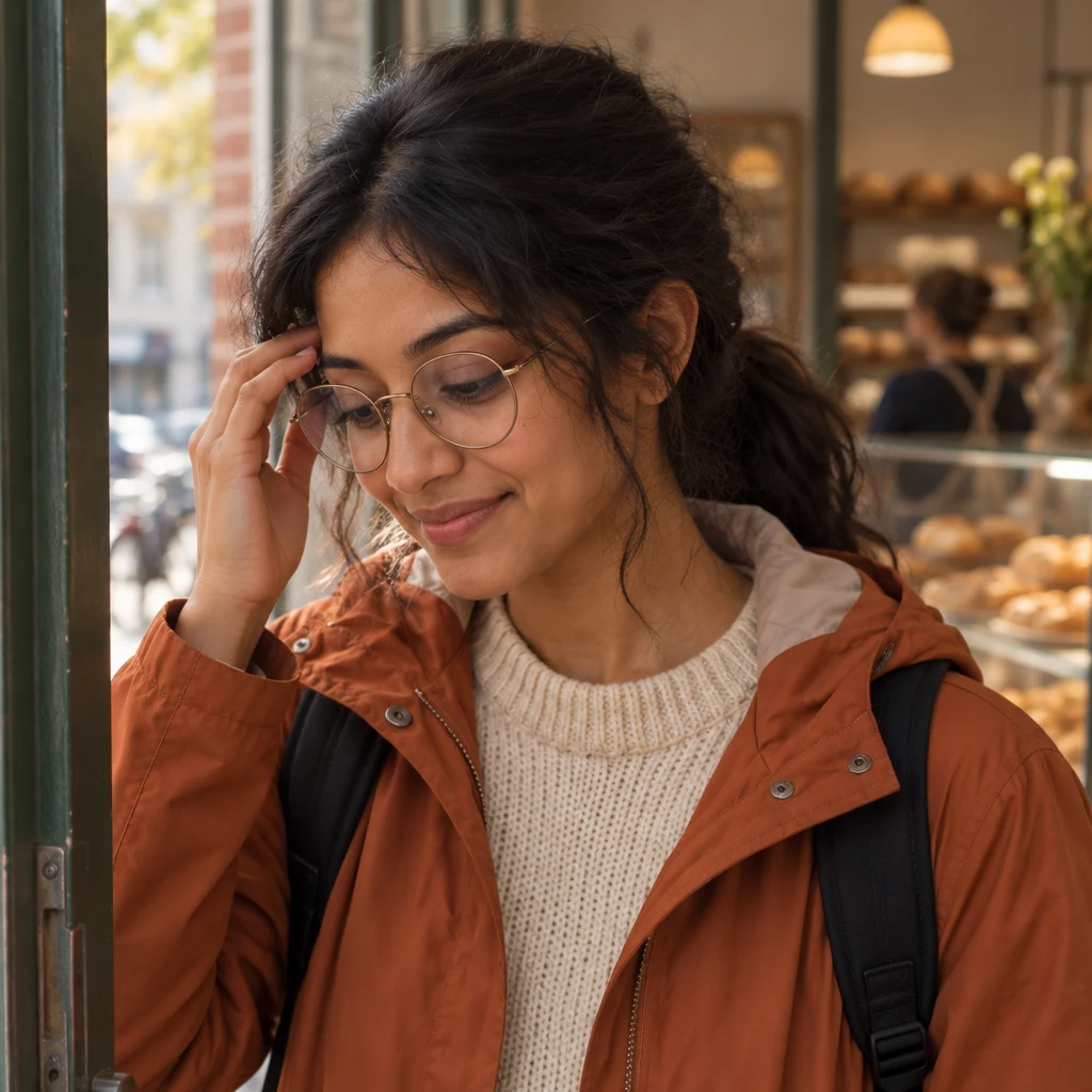 Priya presses one hand to her temple in the bakery doorway.