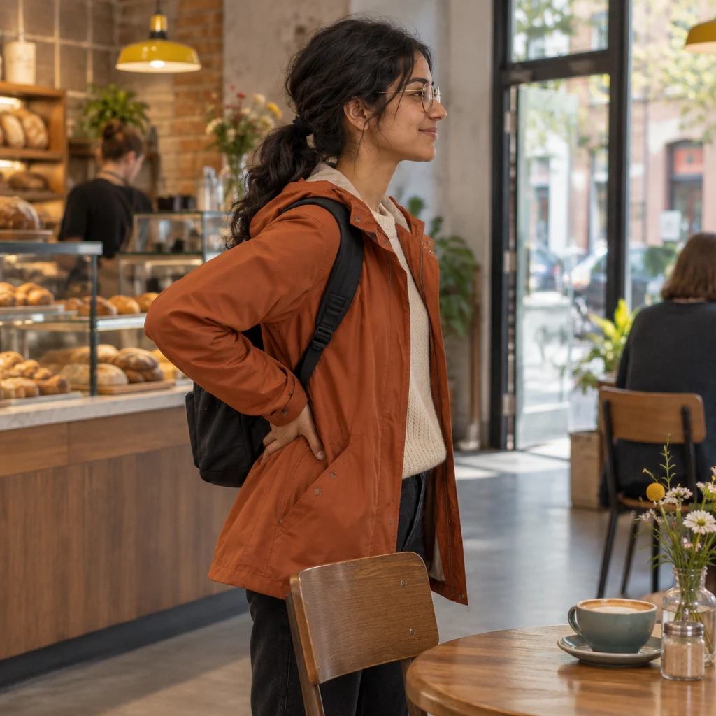 Priya stands in profile near the table with one hand at the small of her back and her backpack on.