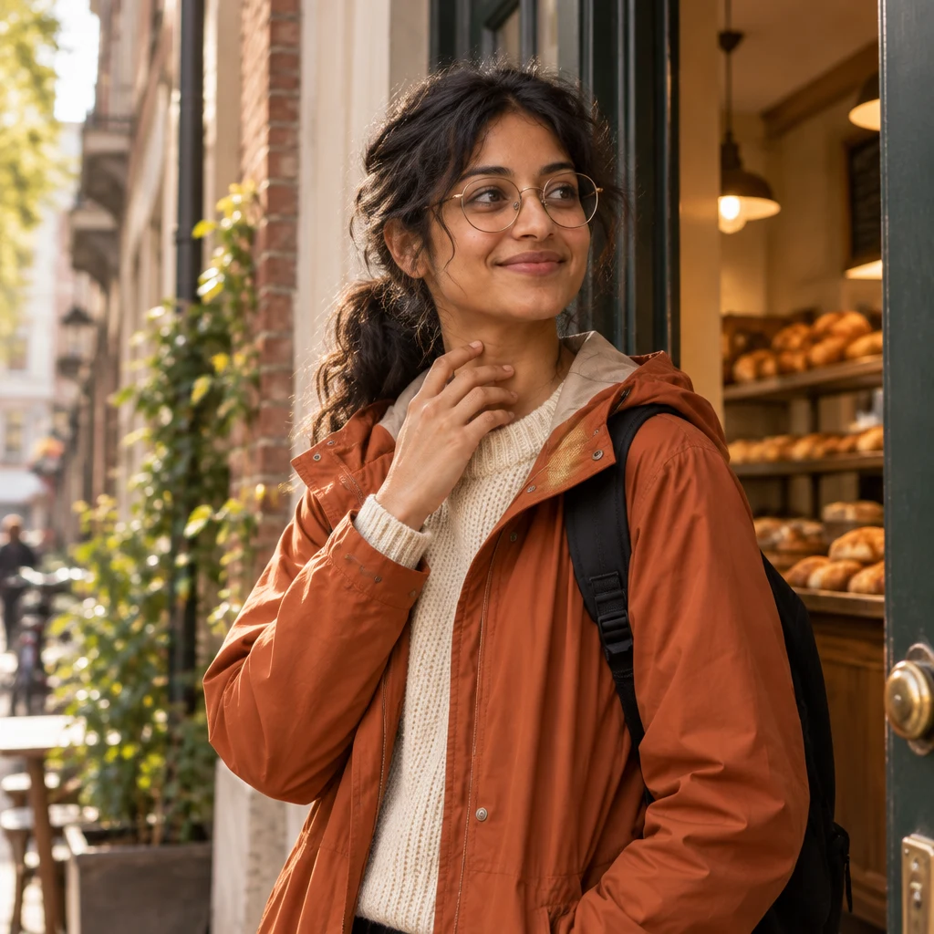 Priya touches the front of her throat as she pauses beside the bakery doorway.